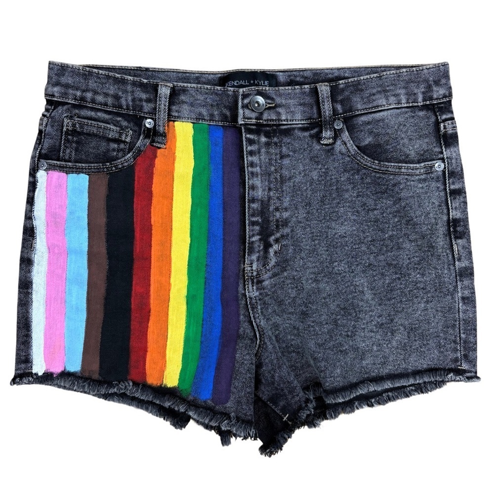 Kendall & Kylie Cut Off Black Denim Shorts Size 13/31 Handpainted Rainbow‎ Pride